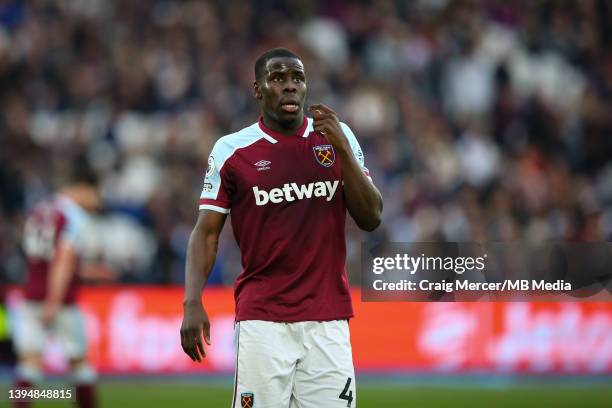 Kurt Zouma of West Ham United during the Premier League match between West Ham United and Arsenal at London Stadium on May 1, 2022 in London, United...