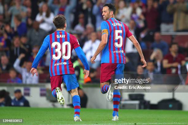 Sergio Busquets of FC Barcelona celebrates scoring his side's 2nd goal with Pablo Martin Paez Gaviria 'Gavi' of FC Barcelona during the LaLiga...
