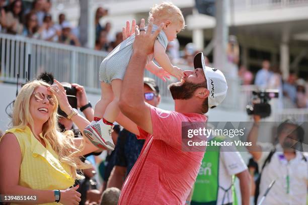 Jon Rahm of Spain holds his son Kepa after making a par in the 18th hole of the final round and winning the Mexico Open at Vidanta 2022 on May 01,...