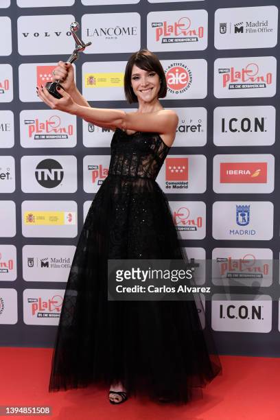 Daniela Ramirez holds the Best Actress Series Award for the serie "Isabel" during the press room of Platino Awards for Ibero-American Cinema 2022 at...