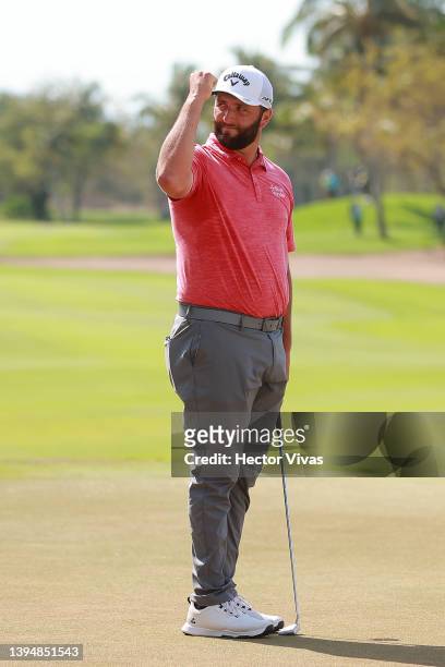 Jon Rahm of Spain celebrates after making a par in the 18th hole of the final round and winning the Mexico Open at Vidanta 2022 on May 01, 2022 in...