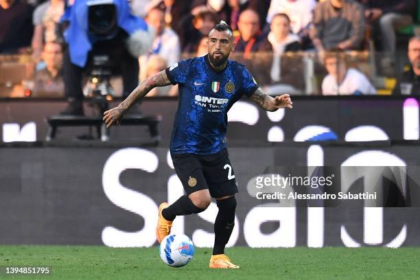 Arturo Vidal of FC Internazionale in action during the Serie A match between Udinese Calcio and FC Internazionale at Dacia Arena on May 01, 2022 in...