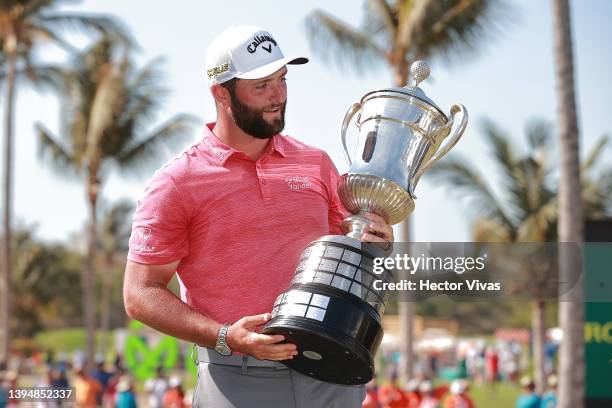 Jon Rahm of Spain holds the Mexico Open at Vidanta champions trophy after the final round of tournament on May 01, 2022 in Puerto Vallarta, Jalisco.