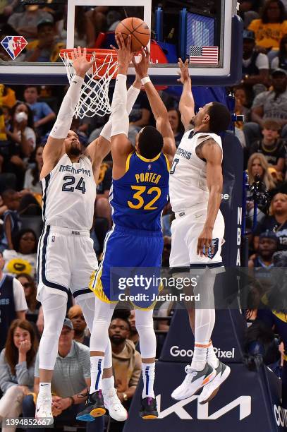 Otto Porter Jr. #32 of the Golden State Warriors goes to the basket against Dillon Brooks of the Memphis Grizzlies during Game One of the Western...
