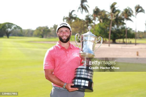 Jon Rahm of Spain poses with the Mexico Open at Vidanta champions trophy after the final round of tournament on May 01, 2022 in Puerto Vallarta,...