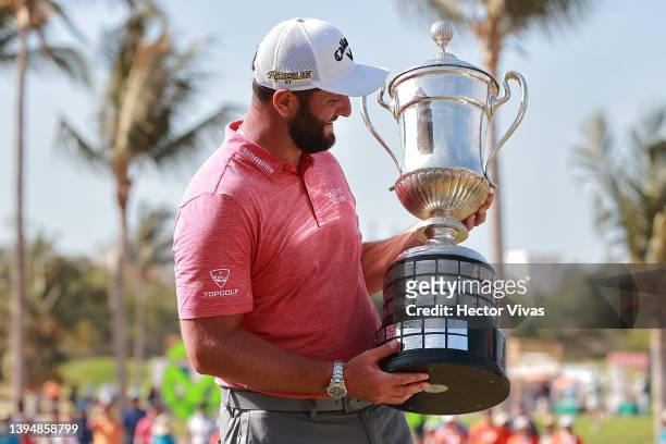 Jon Rahm of Spain poses with the Mexico Open at Vidanta champions trophy after the final round of tournament on May 01, 2022 in Puerto Vallarta,...