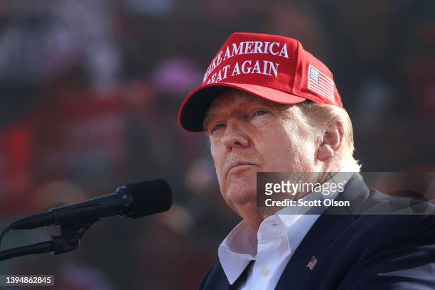 Former President Donald Trump speaks to supporters during a rally at the I-80 Speedway on May 01, 2022 in Greenwood, Nebraska. Trump is supporting...