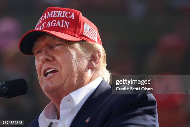 Former President Donald Trump speaks to supporters during a rally at the I-80 Speedway on May 01, 2022 in Greenwood, Nebraska. Trump is supporting...