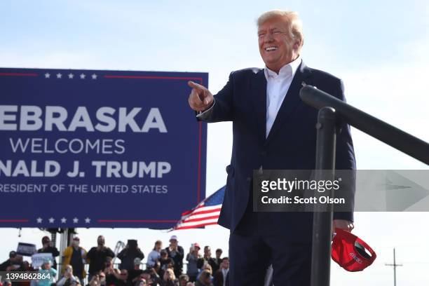 Former President Donald Trump arrives for a rally at the I-80 Speedway on May 01, 2022 in Greenwood, Nebraska. Trump is supporting Charles Herbster...