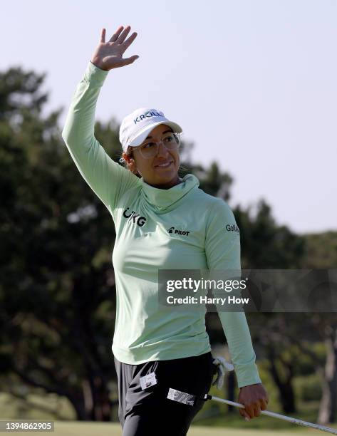 Marina Alex celebrates her putt on the 18th green to finish as the leader at 10 under par during the final round of the Palos Verdes Championship...