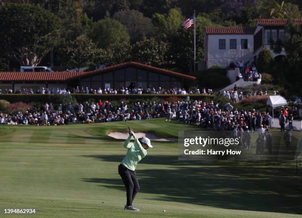 Marina Alex hits a second shot on the 18th fairway to finish her round as the leader at 10 under par during the final round of the Palos Verdes...