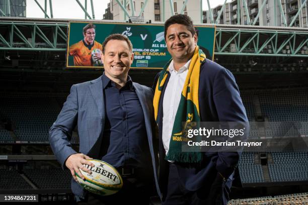 Classic All Blacks Andrew Mehrtens and Morgan Turinui pose for a photo during a Rugby Australia media announcement at Marvel Stadium on May 02, 2022...