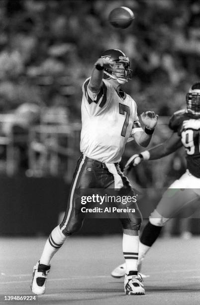 Quarterback Frank Reich of the New York Jets passes the ball in the game between the New York Jets vs the Philadelphia Eagles on August 8, 1996 at...
