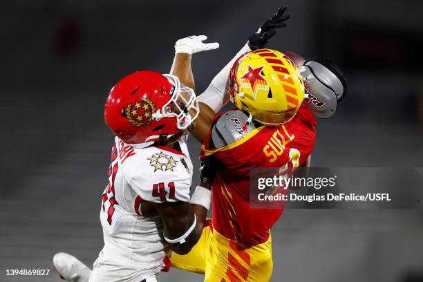 De'Vante Bausby of New Jersey Generals breaks up a pass to Jordan Suell of Philadelphia Stars in the second quarter of the game at Protective Stadium...