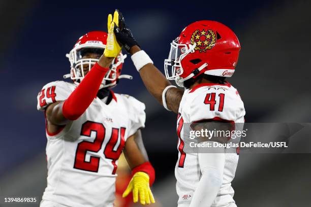 De'Vante Bausby and Paris Ford of New Jersey Generals react in the second quarter of the game against the Philadelphia Stars at Protective Stadium on...