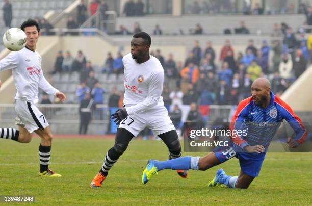 French football player Nicolas Anelka of Shanghai Shenhua in action during a warm-up match between Shanghai Shenhua and Hunan Xiangtao at Shenhua...