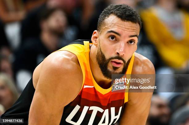 Rudy Gobert of the Utah Jazz looks on during the second half of Game 6 of the Western Conference First Round Playoffs against the Dallas Mavericks at...