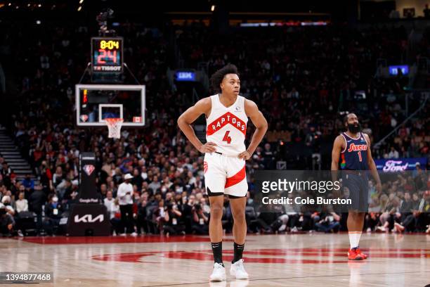Scottie Barnes of the Toronto Raptors watches a free throw in the first half of Game Six of the Eastern Conference First Round against the...