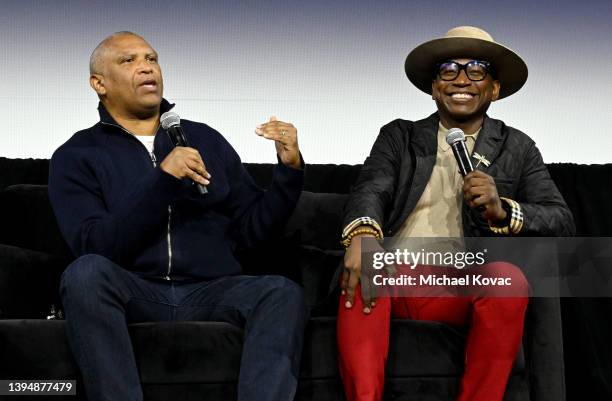 Reginald Hudlin and Guy Torry speak onstage at The Prime Experience: "Prime Standup" featuring Phat Tuesdays and Yearly Departed on May 01, 2022 in...