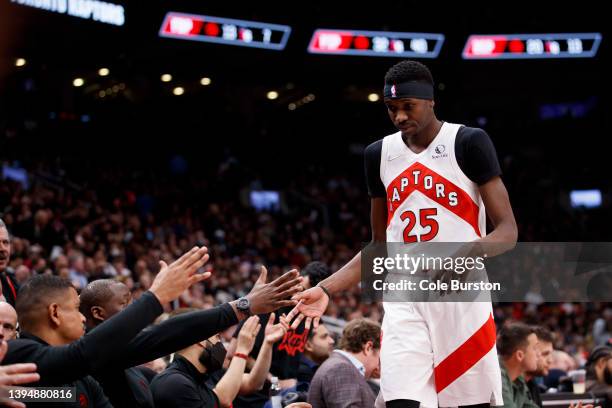 Chris Boucher of the Toronto Raptors walks to the bench during the second half of Game Six of the Eastern Conference First Round against the...