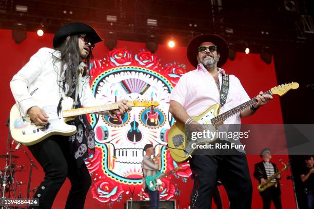 Eddie Perez and Raul Malo of The Mavericks perform onstage during Day 3 of the 2022 Stagecoach Festival at the Empire Polo Field on May 01, 2022 in...