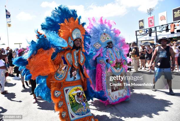 Mardi Gras Indians during the 2022 New Orleans Jazz & Heritage festival at Fair Grounds Race Course on May 01, 2022 in New Orleans, Louisiana.
