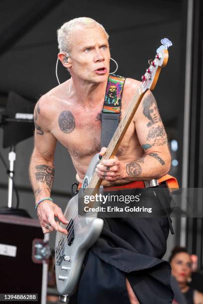 Flea of the Red Hot Chili Peppers performs during 2022 New Orleans Jazz & Heritage Festival at Fair Grounds Race Course on May 01, 2022 in New...