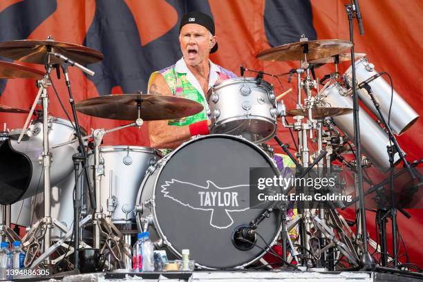 Chad Smith of the Red Hot Chili Peppers performs during 2022 New Orleans Jazz & Heritage Festival at Fair Grounds Race Course on May 01, 2022 in New...