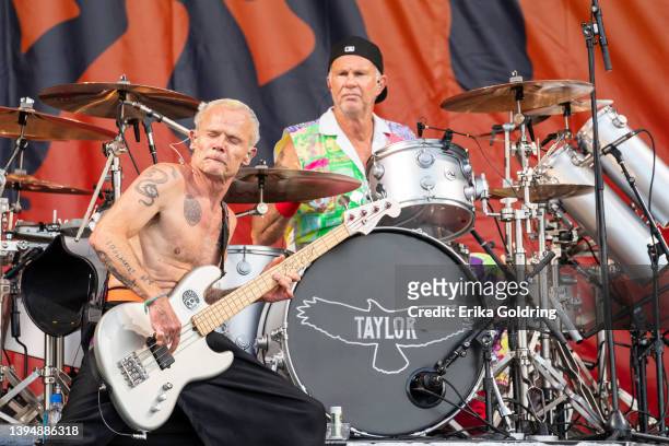 Flea and Chad Smith of the Red Hot Chili Peppers performs during 2022 New Orleans Jazz & Heritage Festival at Fair Grounds Race Course on May 01,...