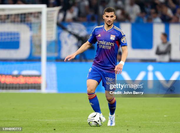 Houssem Aouar of Lyon during the Ligue 1 Uber Eats match between Olympique de Marseille and Olympique Lyonnais at Stade Velodrome on May 1, 2022 in...