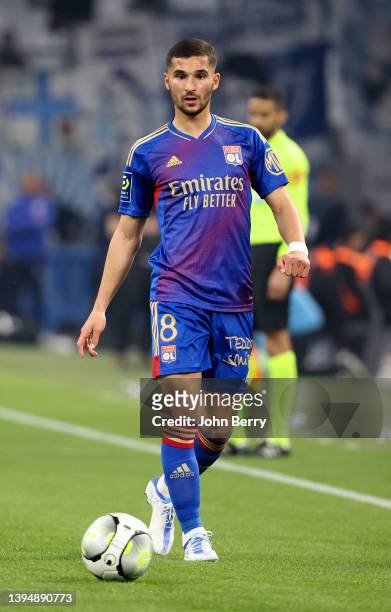 Houssem Aouar of Lyon during the Ligue 1 Uber Eats match between Olympique de Marseille and Olympique Lyonnais at Stade Velodrome on May 1, 2022 in...
