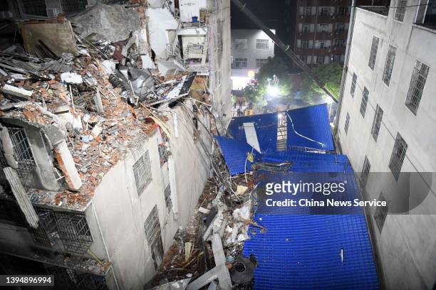 The collapse site of a self-constructed residential building is seen on May 2, 2022 in Changsha, Hunan Province of China. The incident took place on...