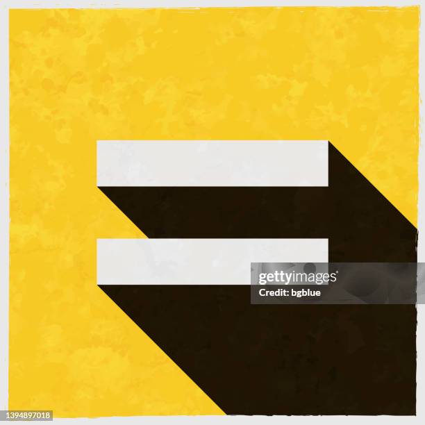 gleichheitszeichen. symbol mit langem schatten auf strukturiertem gelbem hintergrund - gleichheit stock-grafiken, -clipart, -cartoons und -symbole