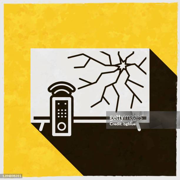tv with broken screen. icon with long shadow on textured yellow background - out of service stock illustrations