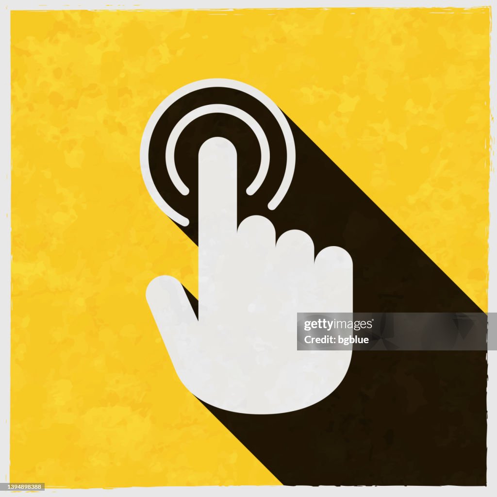 Hand touch - click. Icon with long shadow on textured yellow background