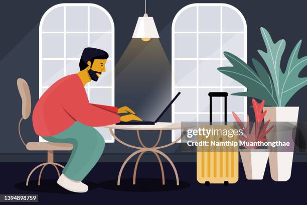 business and leisure travel illustration concept shows a man working at the hotel reception with the large luggage for traveling and enjoying his vacation time. - avoidance icon stock pictures, royalty-free photos & images