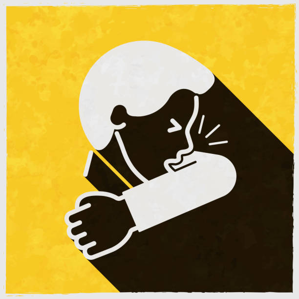cough or sneeze into elbow. icon with long shadow on textured yellow background - whooping-cough stock illustrations
