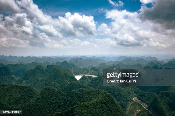 the five-hundred-meter aperture spherical telescope is nestled within a natural basin in guizhou, china - five hundred meter aperture spherical radio telescope stock pictures, royalty-free photos & images