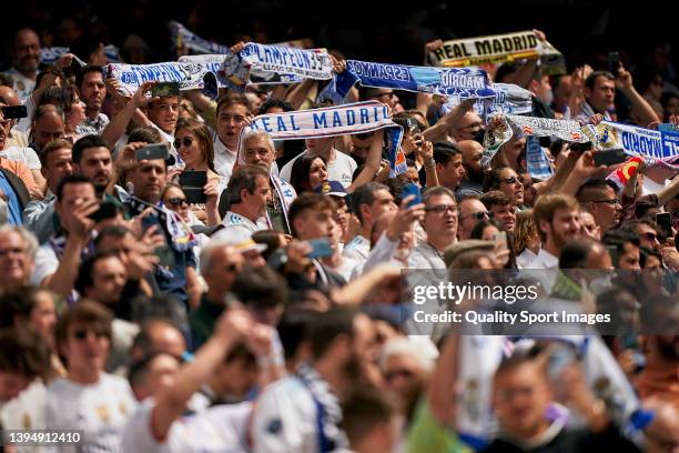 Fans of Real Madrid CF during the La Liga Santander match between Real Madrid CF and RCD Espanyol at Estadio Santiago Bernabeu Stadium on April 30,...