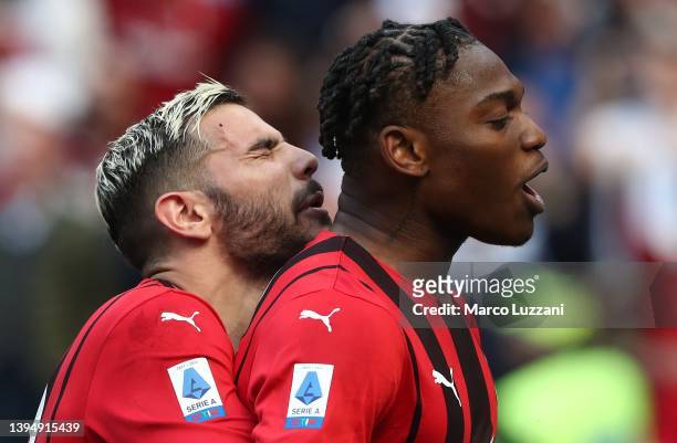 Rafael Leao celebrates with Theo Hernandez of AC Milan after scoring their team's first goal during the Serie A match between AC Milan and ACF...