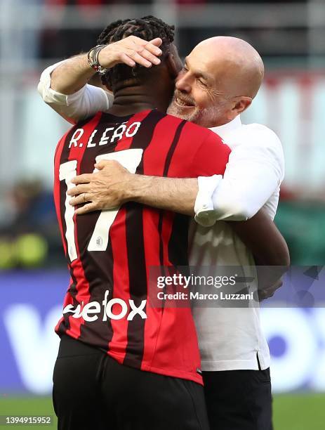 Milan coach Stefano Pioli embraces Rafael Leao at the end of the Serie A match between AC Milan and ACF Fiorentina at Stadio Giuseppe Meazza on May...