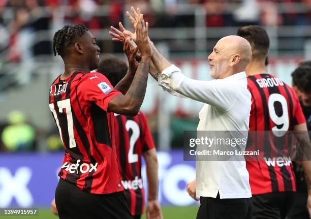 Milan coach Stefano Pioli embraces Rafael Leao at the end of the Serie A match between AC Milan and ACF Fiorentina at Stadio Giuseppe Meazza on May...