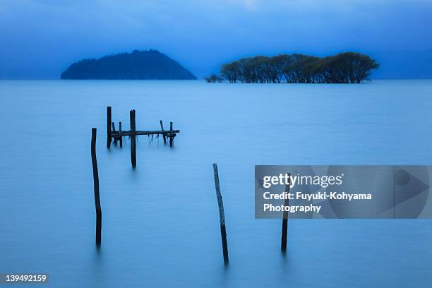 wooden posts in lake biwa - omi stock pictures, royalty-free photos & images