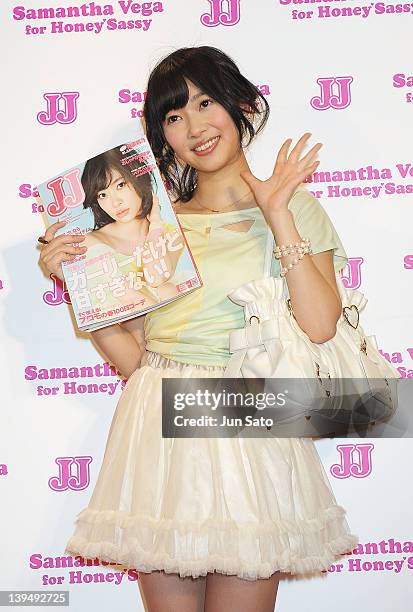 Rino Sashihara of AKB48 poses for a photograph at Samantha Thavasa Deluxe Omotesando Gates store on February 22, 2012 in Tokyo, Japan.