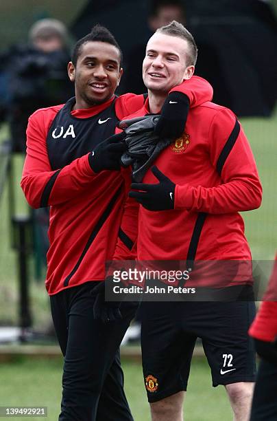 Anderson and Tom Cleverley of Manchester United in action during a first team training session, ahead of their UEFA Europa League round of 32 second...