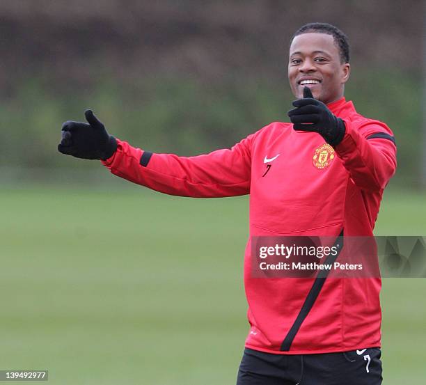 Patrice Evra of Manchester United in action during a first team training session, ahead of their UEFA Europa League round of 32 second leg match...