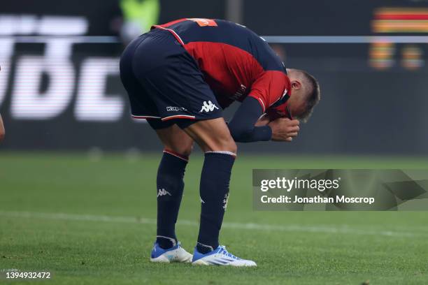 Domenico Criscito of Genoa CFC reacts after his 91st minute penalty was saved by Emil Audero of UC Sampdoria during the Serie A match between UC...