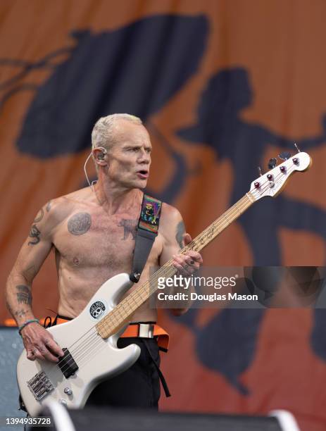 Flea, of the Red Hot Chili Peppers perform during 2022 New Orleans Jazz & Heritage Festival at Fair Grounds Race Course on May 01, 2022 in New...