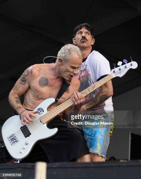 Flea and Anthony Kiedis of the Red Hot Chili Peppers perform during 2022 New Orleans Jazz & Heritage Festival at Fair Grounds Race Course on May 01,...