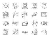 Graduation doodle illustration including icons - student in cap, diploma certificate scroll, university degree . Thin line art about high school education. Editable Stroke